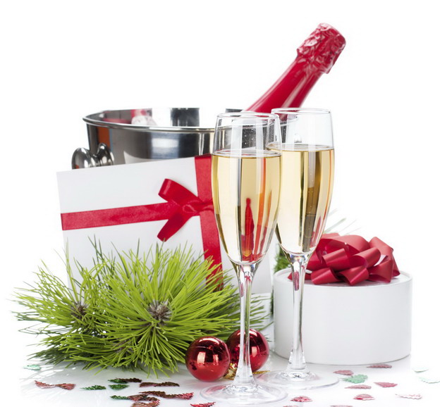 Champagne and christmas gifts. Isolated on white background