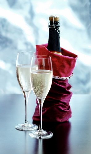 Two glasses of Champagne and bottle in gift bag on a table.