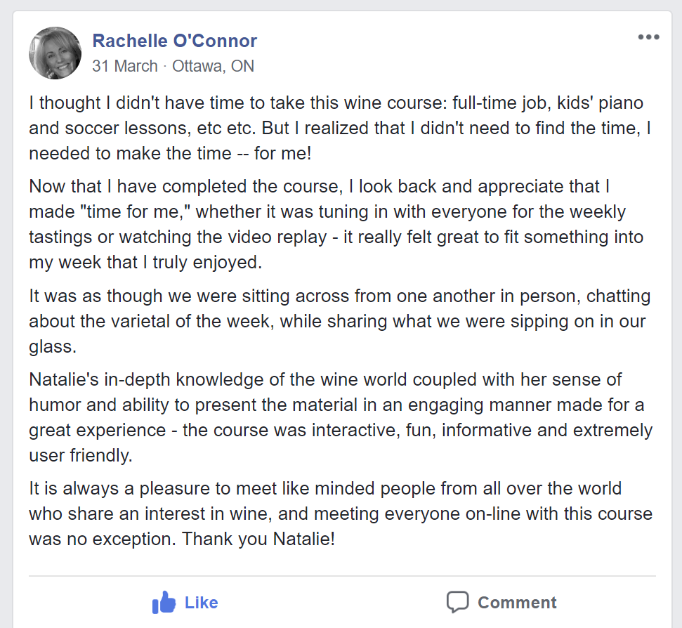 Testimonial about Natalie's course by Rachelle O'Connor